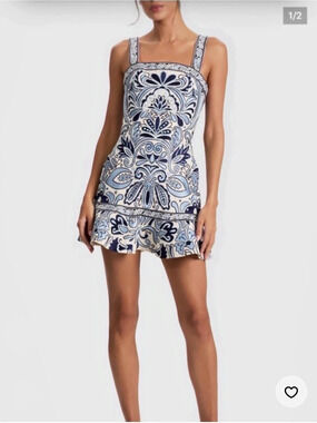 Alice + Olivia Blue and White Paisley Mini Dress with Ruffle Hem
